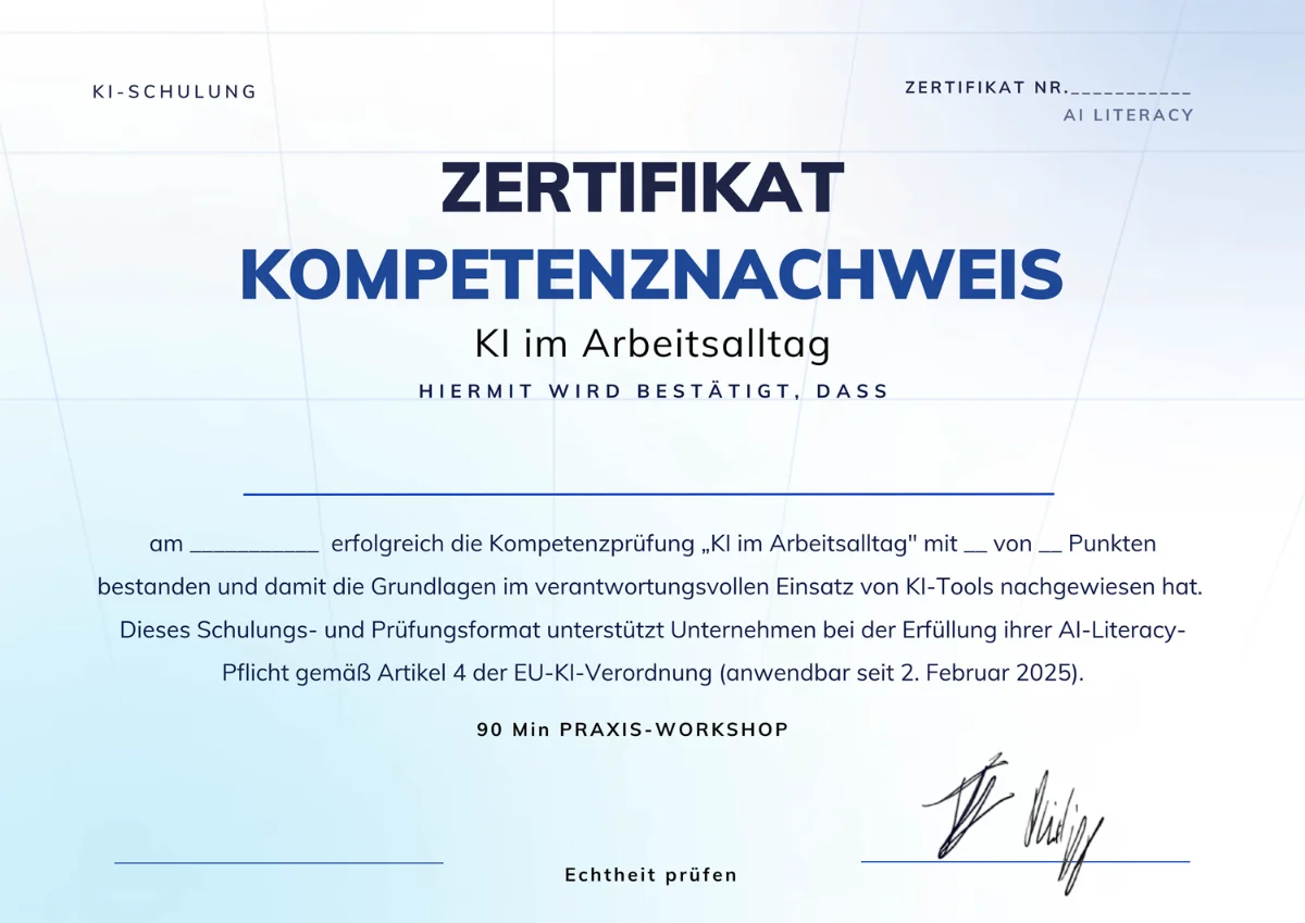 Beispielzertifikat KI-Kompetenz mit QR-Code und laufender Nummer